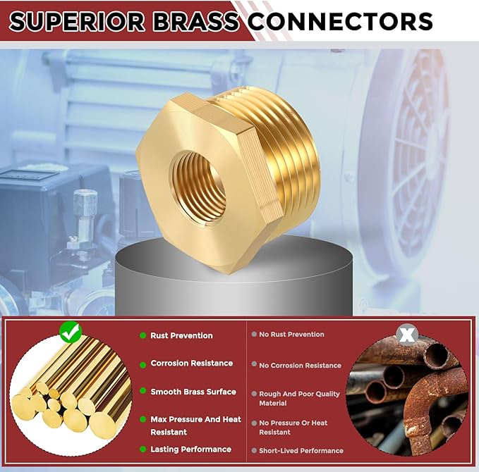Pack of 2, 1" NPT Male to 3/8" NPT FeMale Solid Brass Hex Bushing, Hose Fittings Adapter Threaded Reducer Heavy Duty for Pipe Leak Repair, Bathroom Remodel, Compression