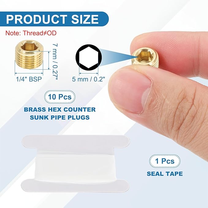 PATIKIL 1/8" BSP Male Pipe Plug Fitting, 3Pcs Brass Hex Counter Sunk Plug Brass Male Connector Socket for Closing the End of Pipe Industrial Machinery Fittings