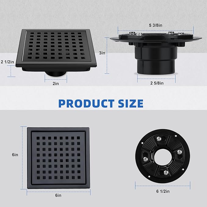 morefine Square Shower Drain with Flange, Shower Drain 6 inch with Removable Grate Cover, SUS 304 Stainless Steel, Matte Black
