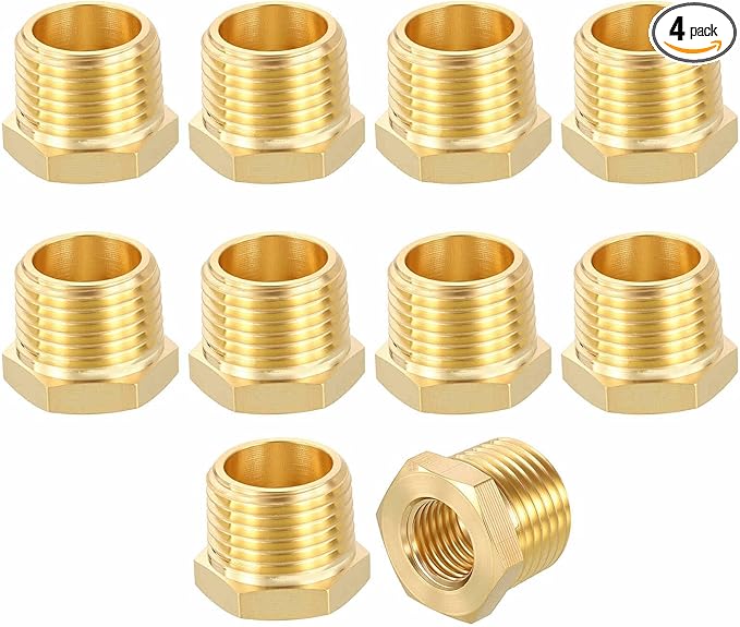4 Packs Brass Pipe Fittings, 1/2" Male NPT to 1/4" FeMale NPT Brass Hex Bushing Reducer, Hose Tube Threaded Adapter for Air, Oil, LP