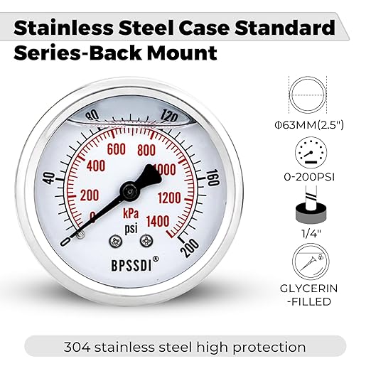 0-200 Psi Glycerin Liquid Filled Low Pressure Gauge, 2.5" Dial Size, 1/4" NPT Back Mount, 304 Stainless Steel Case, for Water Pipe, HVAC, Water Oil Air Pressure Test