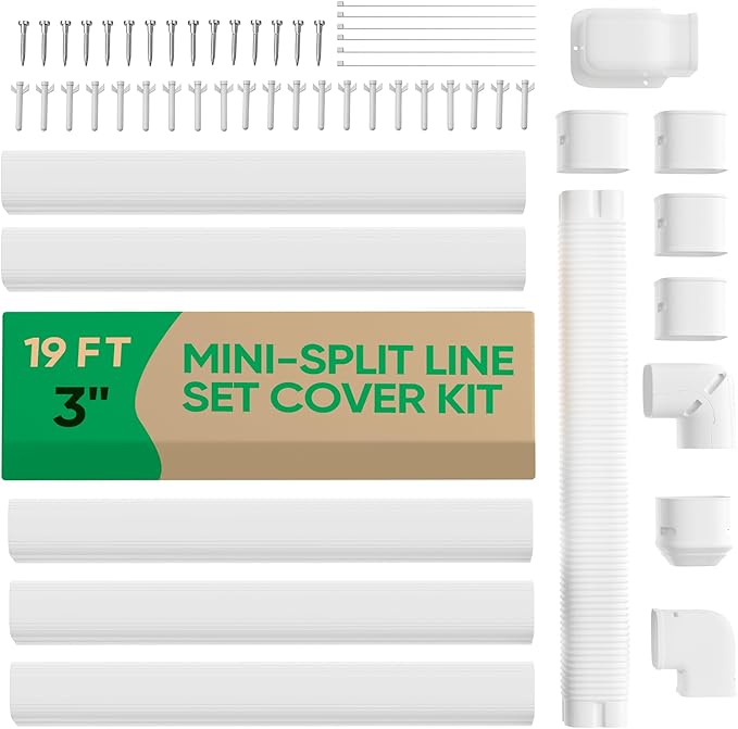 3" 19Ft Mini Split Line Set Cover, PVC Ductless Air Conditioner Decorative Pipe, Pump Covers, AC Line Cover Kit, for Outside Units Air Conditioners & Heat Pumps, All in One Set