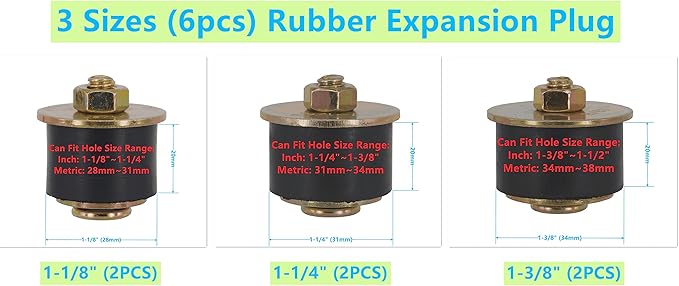 3 Sizes (6pcs) Rubber Expansion Plug, Fit Hole Size: 1-1/8"~1-1/2" (28mm~38mm) Automotive Rubber Freeze Plug