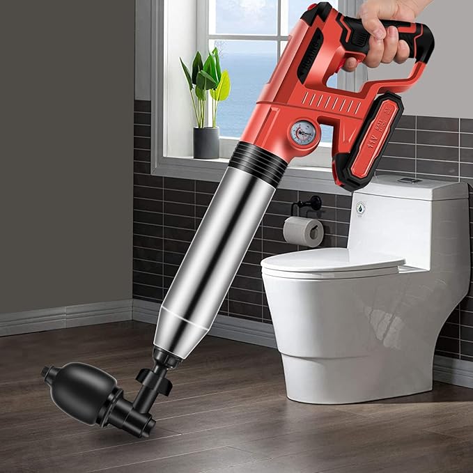 Electric Toilet Plunger with 2 batteries，Drain Clog Remover Tools,High Pressure Air Toilet Plungers Heavy Duty Plunger For Toilet,Bathroom,Floor Drain,Sewer,Pipe，RED