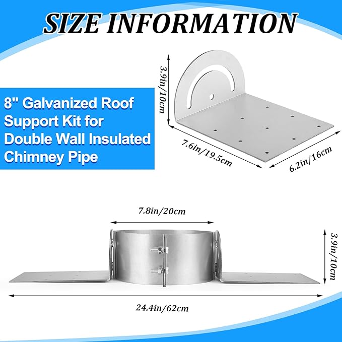 Hicarer 8" Galvanized Roof Support Kit, Stove Pipe Bracket Hanger Flange Chimney Part Clamp Adjustable Roof Support for Double Wall Insulated Chimney Pipe, Galvanized Steel
