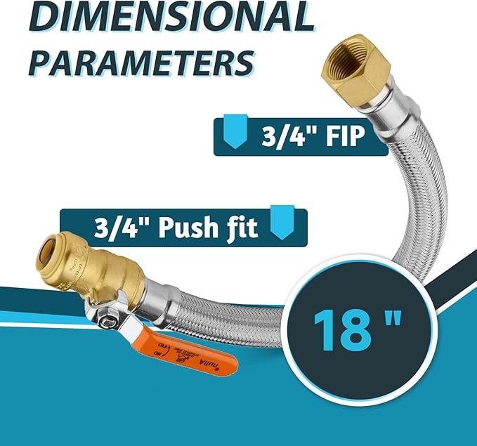 (1 Pack) Seelink 18-Inch Stainless Steel Flexible Heater Hose, 3/4 Inch Push-fit Ball Valve x 3/4 Inch FIP, Push-to-Connect for Copper, PEX, and CPVC