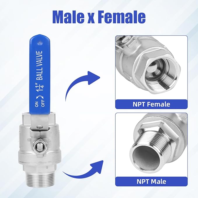 YADIAN 2 Pack Full Port NPT Ball Valve 1-1/4inch - Male x Female 304 Stainless Steel Heavy Duty Shut Off Valve with Blue Vinyl Insulation Handle and Locking Device for Water, Oil, and Gas, 1000WOG