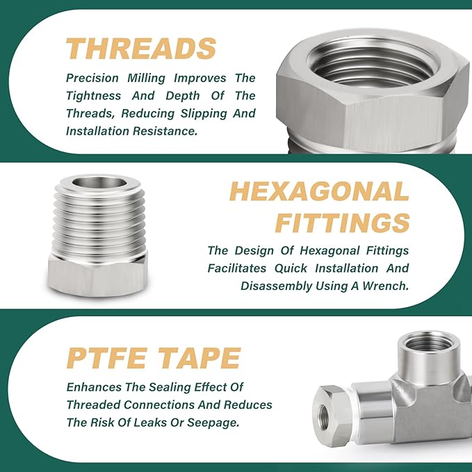 2PCS 304 Stainless Steel Reducer Hex Bushing, 3/8" NPT Male x 1/4" NPT Female, Reducing Pipe Adapter Fitting, for Air/Fuel/Water/Gas/Oil