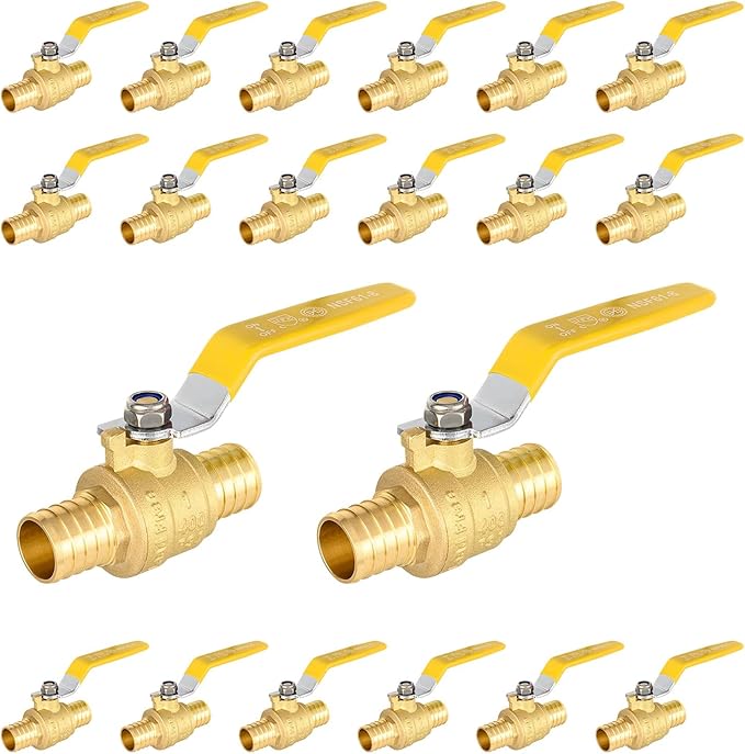 20-Pack Foskan 1 Inch PEX Crimp Full Port Ball Valve with Yellow Handle, Brass Quarter Turn Shut-off Valve for PEX Tubing