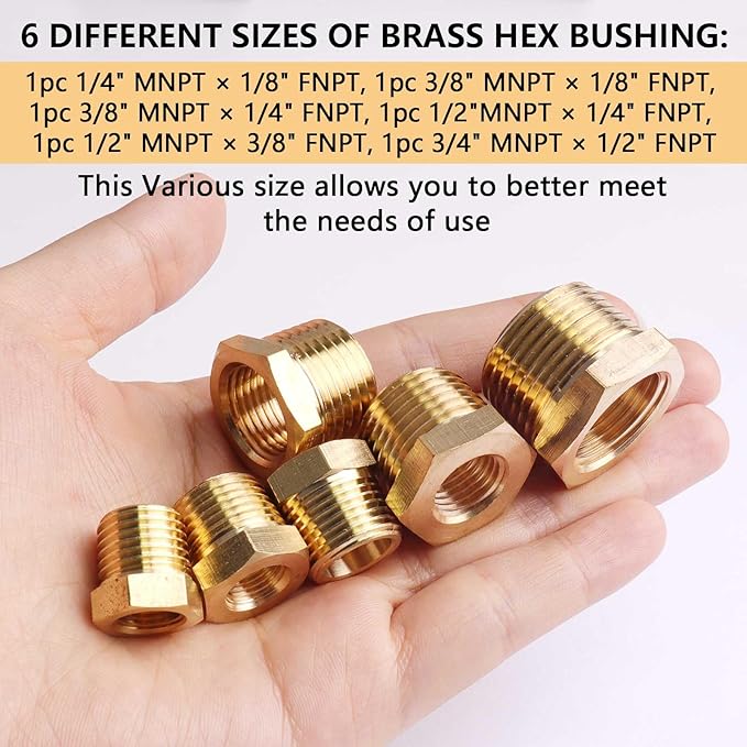 Brass Hex Bushing Reducing Bushing Pipe Fitting,1/4" to 1/8", 3/8" to 1/8", 3/8" to 1/4", 1/2" to 1/4", 1/2" to 3/8",3/4" to 1/2" NPT Brass Fitting Reducer Adapter