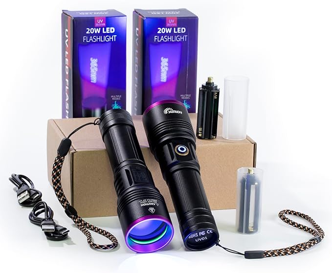 UV01 365nm UV Flashlight Black Light, 2 Pack Rechargeable Blacklight Flashlights, Powerful Handheld UV Light for Pet Urine Detection, Rock Hunting, Blood Tracking, Resin Curing, A/C Leak