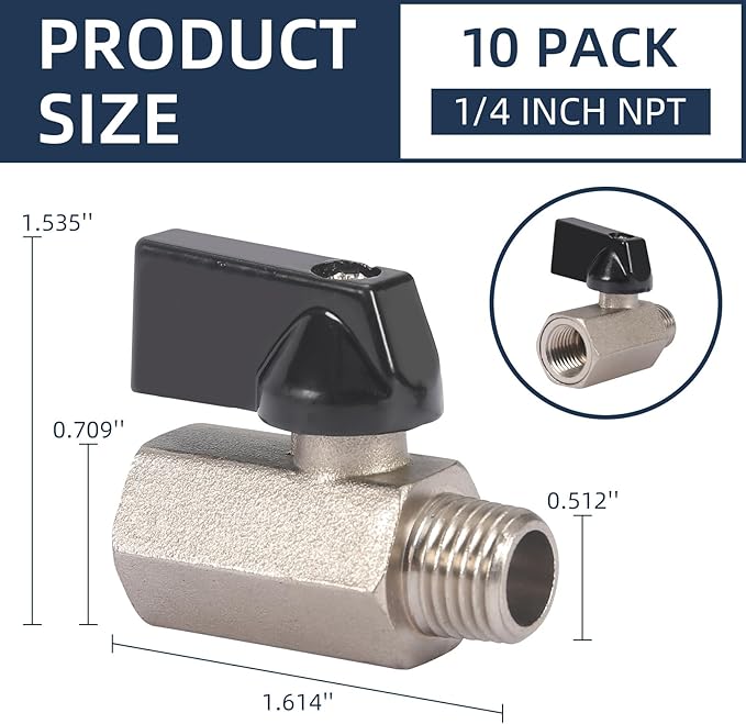 10 Pack 1/4'' Mini Brass Ball Valve 1/4 Inch Female x Male Threaded NPT Ball Valve Shut-Off Valve Plumbing Fitting for Water Oil Gas