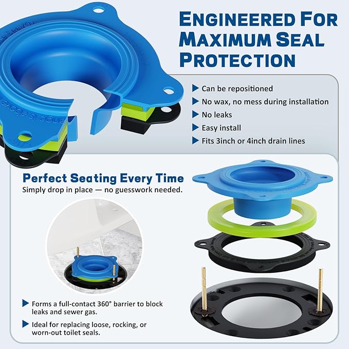 NEEXAN Toilet Flange Repair Kit – Toilet Wax Ring Replacement Kit with Elastic Wax Ring, Rubber Toilet Gasket Seal Kit with Nuts, Washers & Bolt Caps