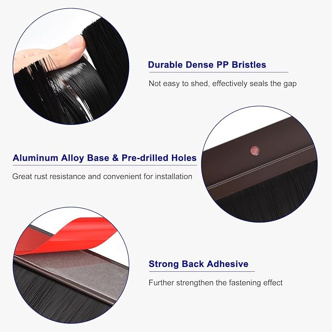 uxcell 2Pcs Door Brush Bottom Sweep H-Shape Aluminum Alloy Base with 0.8-inch PP Brush for Home, Industrial (47-inch L, Brown)