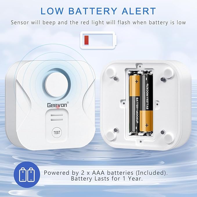 Geevon 2 Pack Water Leak Detectors for Home, 100dB Water Sensor Alarm Flood Leakage Detection Devices for Bathroom, Basements, Laundry Rooms, Kitchen, IP56 Waterproof(Battery＆Screwdriver Included)