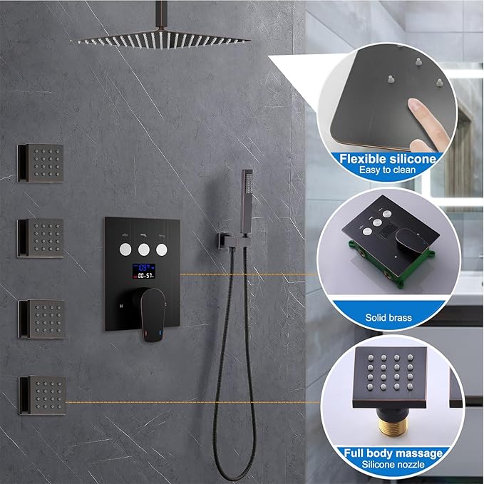 Shower System Oil Rubbed Bronze Shower Faucet Set 12 Inch Ceiling Mounted Full Body Shower System with Body Jets, Handheld Spray, Temperature Display Shower Valve