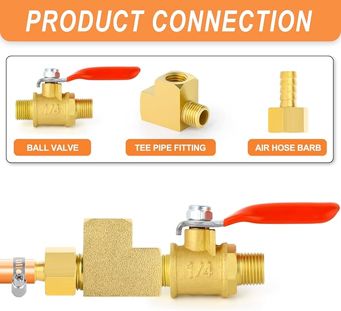 GASHER 3 Pcs Brass Tee Fitting, 1/4" FNPT x 1/4" FNPTx 1/4" MNPT Pipe Fittings, Male Run Tee
