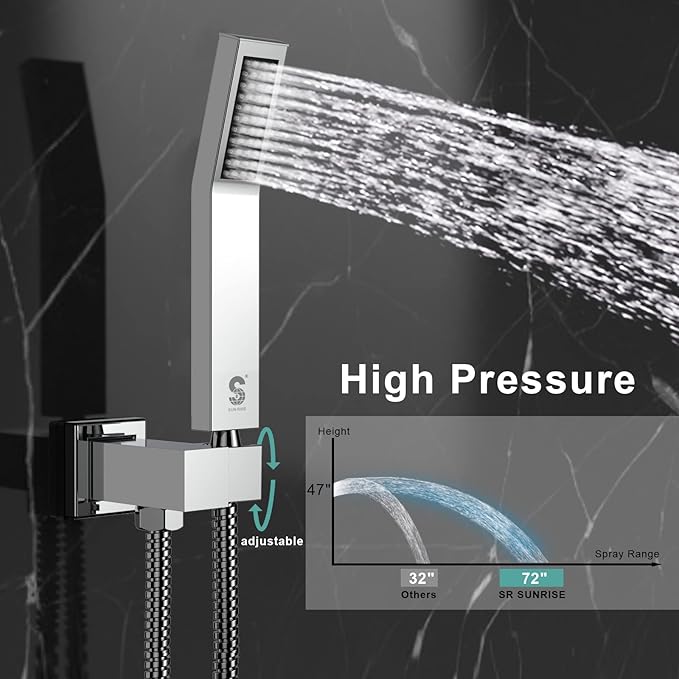SR SUN RISE 16 Inches Bathtub Faucets Sets Complete Shower System with Tub Spout Wall Mounted Square Shower Head with Handheld Spray Shower Fixtures Contain Valve and Trim Kit, Polished Chrome