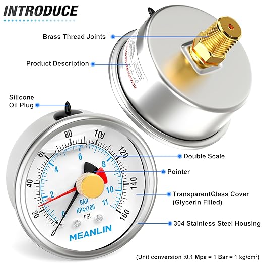 MEANLIN MEASURE 0~160Psi Stainless Steel 1/4" NPT 2.5" FACE DIAL with Reset Pointer Liquid Filled Pressure Gauge WOG Water Oil Air, Back Mount, with Brass Hex Bushing