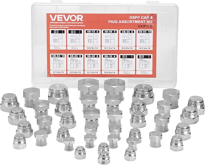 VEVOR 64 PCS BSPP Hydraulic Fittings, Hydraulic Cap and Plug Kit with Precision Threading, Galvanized Steel Heavy Duty Hydraulic Fitting Adapter Kit, Dash Sizes 04/06/08/10/12/16