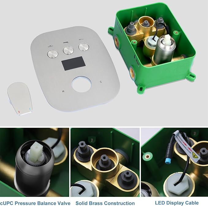 3 Way Shower Mixer Valve Kit Brushed Nickel Solid Brass Digital Display Temperature Control Pressure Balancing Mixer Shower Diverter Valve Kit Replacement