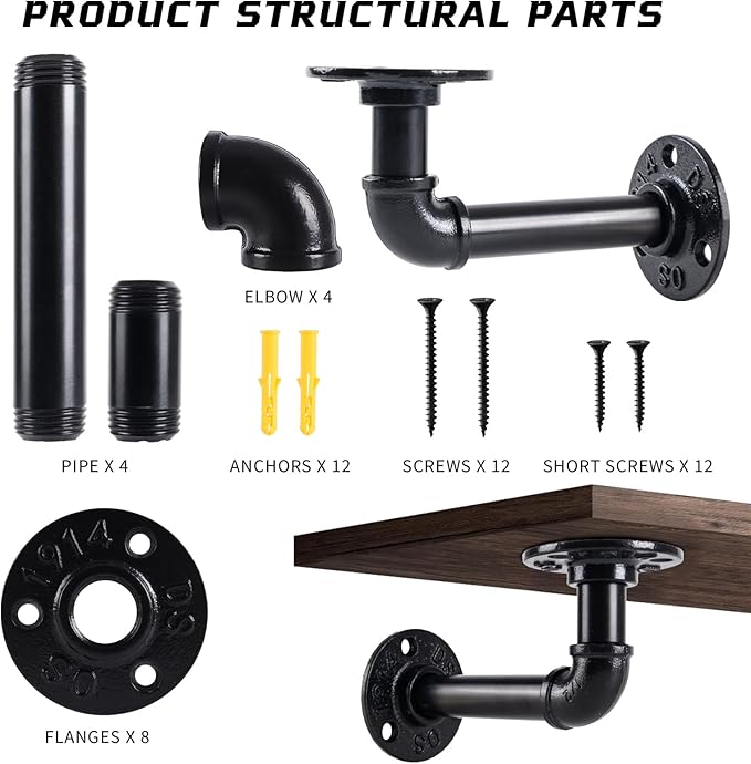 L-Shaped Industrial Pipe Shelf Brackets, Black Metal Wall-Mounted Floating Shelf Supports for 8-14 Inch Plates, Heavy-Duty DIY Rack Supports (4-Pack)