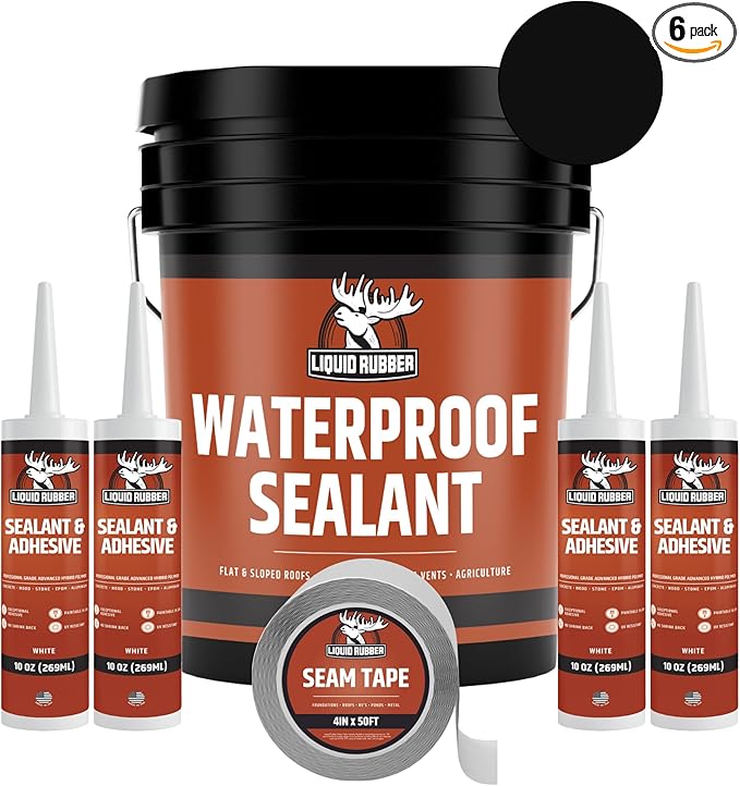 Liquid Rubber Waterproof Sealant - Waterproof Leak Repair Coating, Multi-Surface Rubber Paint, Durable Sealant for Roofs, Kit Includes- Black 5 Gallon Sealer, Caulk 10.2 oz 4 Pack, Seam Tape 4" x50'