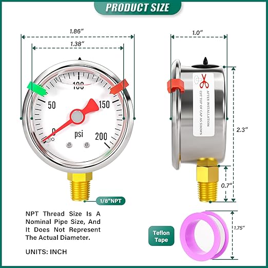 0-200psi Stainless Steel Glycerin Liquid Filled Pressure Gauge1/8 NPT 1.5" Dial, Lower Mount for Pressure Testing of Water, Oil and Air (with Range Mark Pointer)