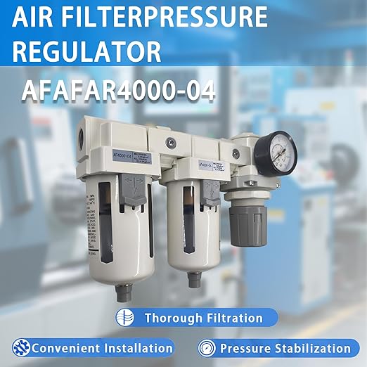 XingNEeng 1/2" NPT Compressed Air Filter Regulator Lubricator (FRL) Unit, Double Water/Oil Trap Separator, Gauge(0-150 psi), Semi-Auto Drain Air Compressor Water Separator, Poly Bowl, Metal Bracket