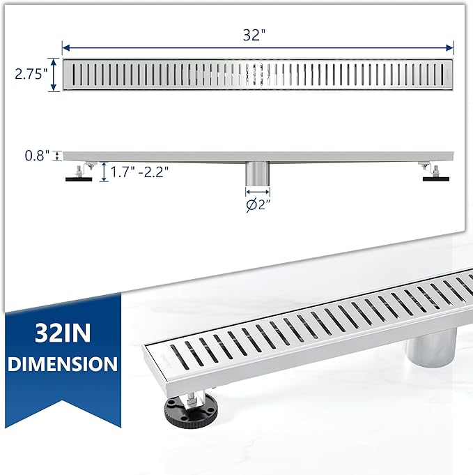 Neodrain 32" Brushed Linear Shower Drain Shower Linear Drain, Removable Capsule Pattern Grate, Bathroom 304 Stainless Steel Rectangle Shower Floor Drains- CUPC Certified