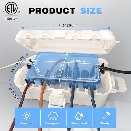 Flemoon [2 Pack] Outdoor Electrical Box Waterproof, Medium Weatherproof Electrical Box (11.5x5.2x4 inch) w/6 Cable Entry Ports, Extension Cord Cover for Power Strip, Timer, Holiday Light, White