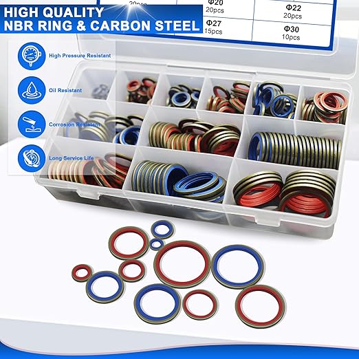 245pcs Bonded Seal Washer, NBR Metric Metal Automotive Sealing Washers Assortment Kit Self-Centred Sealing Rubber Gasket Combination Fit 12 Size M6 M8 M10 M12 M14 M16 M18 M20 M22 M24 M27 M30