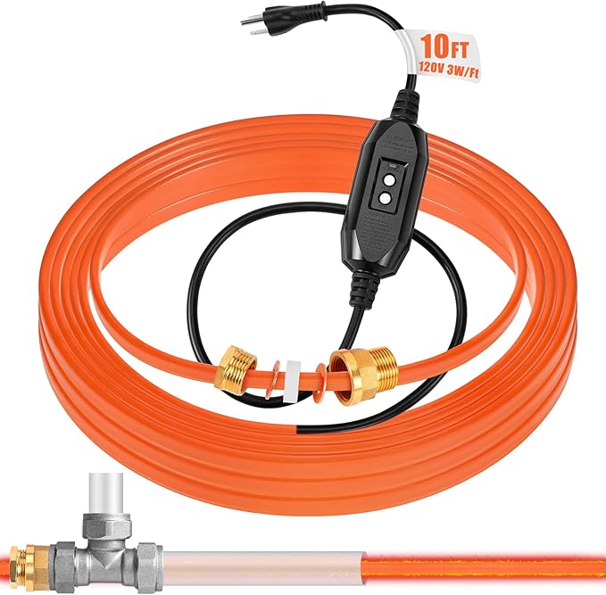 10 Ft In Pipe Heating Cable Prevents Pipe from Freezing, Internal Self Regulating Heat Trace Cable for Safe Drinking Water, 3/4 NPT Fitting, 120 V, 3 W/FT