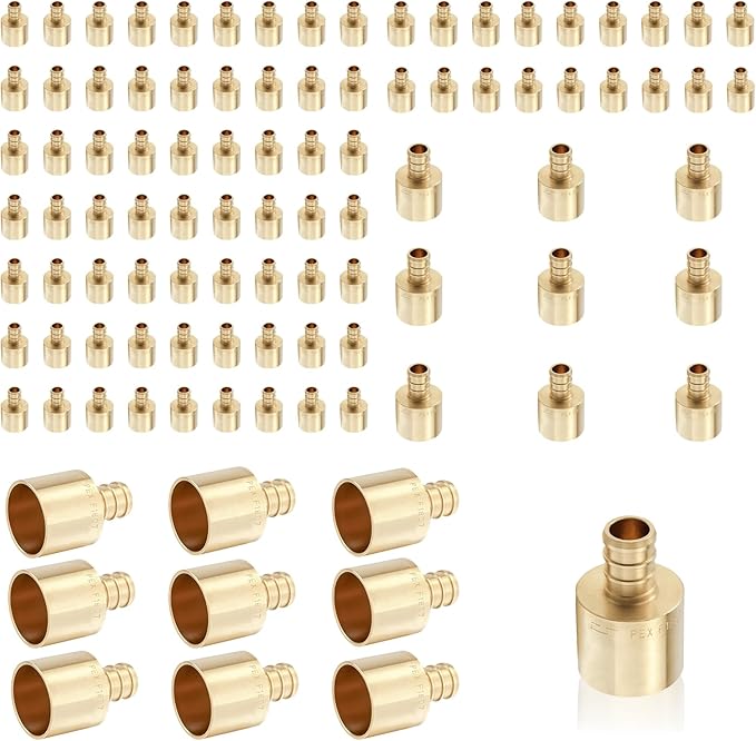 (100-Pack) PEX Fittings, Pex 1/2"x3/4" Female Sweat Copper Adapter, Brass Crimp Fittings, for PEX Tubing Pipe Plumbing, ASTM F1807(PEX1807131-100Pack)