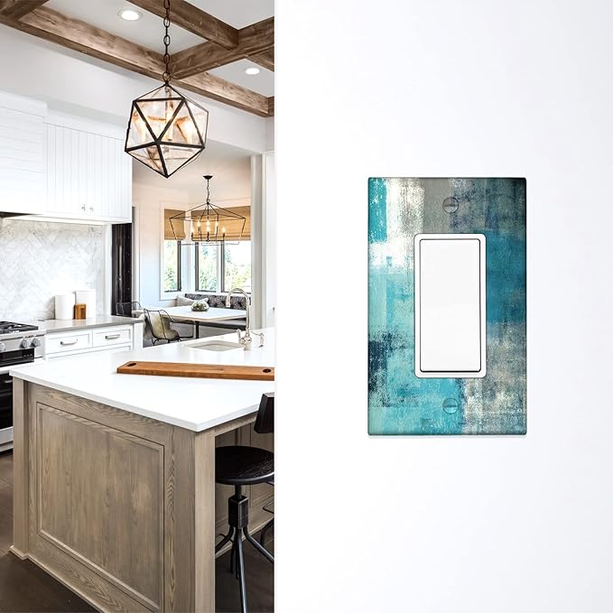 Turquoise and Grey 1-Gang Rocker Wall Plate Cover Teal Abstract Art Decorative Light Switch Cover Modern Electrical Outlet Covers Kitchen Accessories & Decor