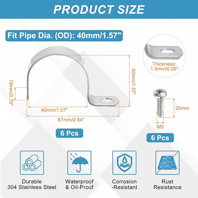 uxcell 6Pcs 40mm(1-9/16") One Hole Rigid Pipe Strap, 304 Stainless Steel Conduit Clamp Thicken U Bracket Heavy Duty Pipe Clamp with Self-Tapping Screws for Fixing Tube Cable, Silver