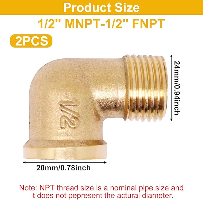2pcs Brass Pipe Fitting 90 Degree Elbow 1/2" NPT Male to 1/2" NPT Female Pipe Fittings
