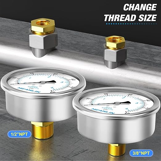 MEANLIN MEASURE 0~60Psi Stainless Steel 1/4" NPT 4" FACE DIAL Liquid Filled Pressure Gauge, Pool Sand Filter Water Pump Pressure Test Back Mount, with 1/4" x 1/2" NPT and 1/4" x 3/8" NPT Hex Bushing