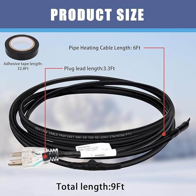6FT Self-Regulating Pipe Heating Cable with Thermostat,Heat Tape for Water Pipe Freeze Protection,Pipe Heating Trace System for Home Supply Pipes,120V 5W/FT