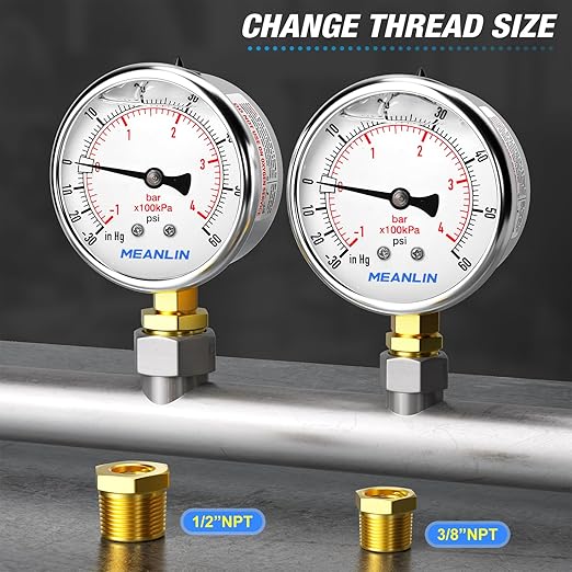 MEANLIN MEASURE -30inHG~60Psi Stainless Steel 1/4" NPT 2.5" FACE DIAL Vacuum Pressure Gauge, Lower Mount, with 1/2" NPT and 3/8" NPT Hex Bushing