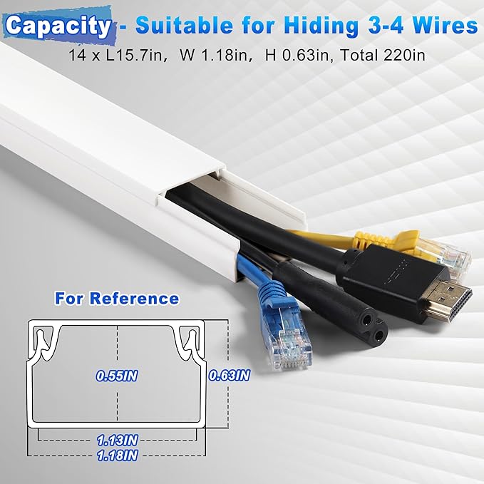 220in Wall Cord Hider Kit, LZEOY Large Capacity Wire Hider for Cords, White Cable Cover Wall Kit, Paintable Hide TV Cords for Wall Mount TV, Cable Concealer Cable Channel: 14 x L15.7in W1.18 H0.63in