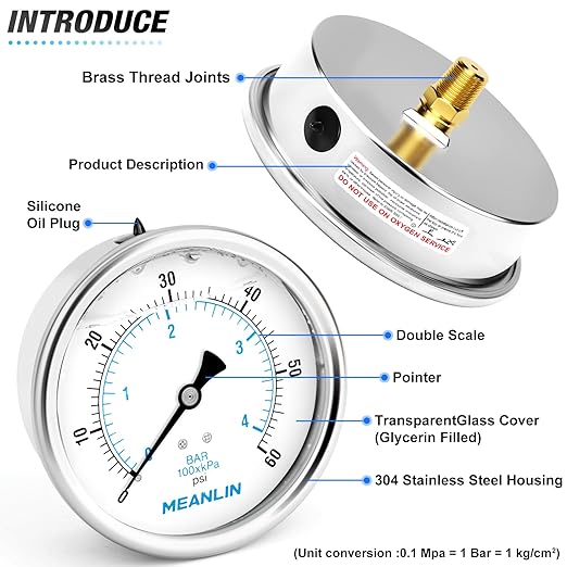 MEANLIN MEASURE 0~60Psi Stainless Steel 1/4" NPT 4" FACE DIAL Liquid Filled Pressure Gauge, Pool Sand Filter Water Pump Pressure Test Back Mount, with 1/4" x 1/2" NPT and 1/4" x 3/8" NPT Hex Bushing