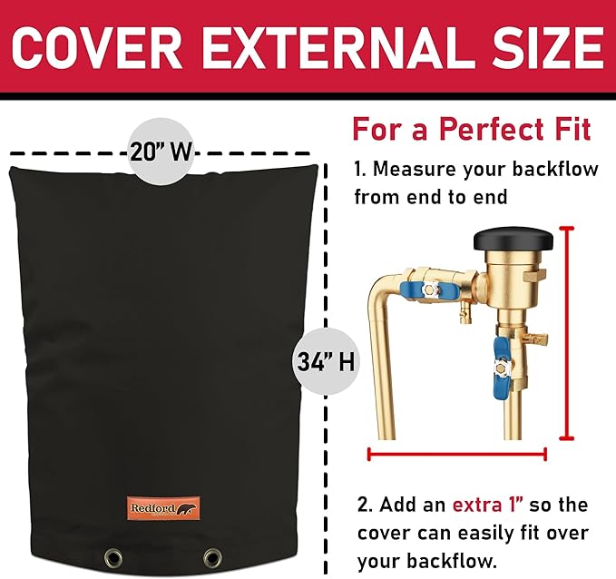 Redford Supply Co. Cold Snap (5°F) Backflow Preventer Insulation Cover, 20"W x 34"H, Pipe Insulation, Water Sprinkler Covers for Outside, Sprinkler Backflow Cover for Winter, Well Pump Bag (Black)