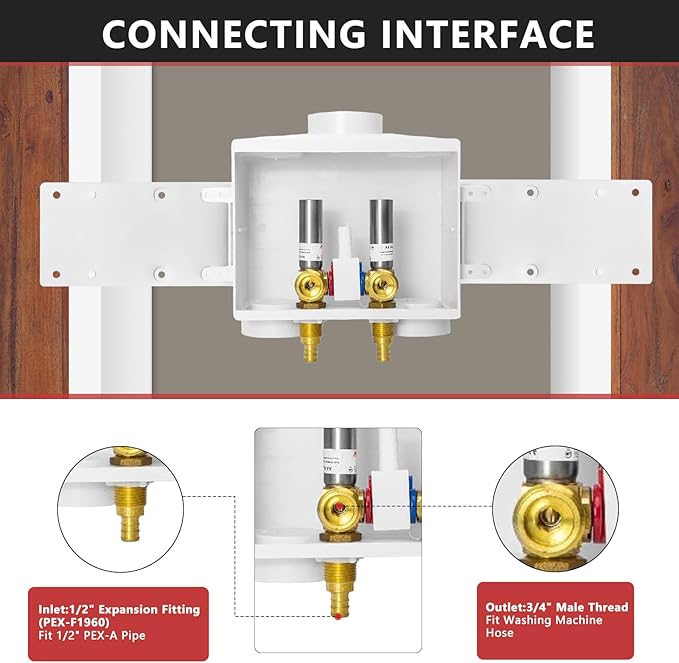 EFIELD Double Drain Washing Machine Outlet Box, 1/2-inch Pex-A Expansion Inlet, Single Control Valve, Stainless Steel Water Hammer Arrestor,(WM019)