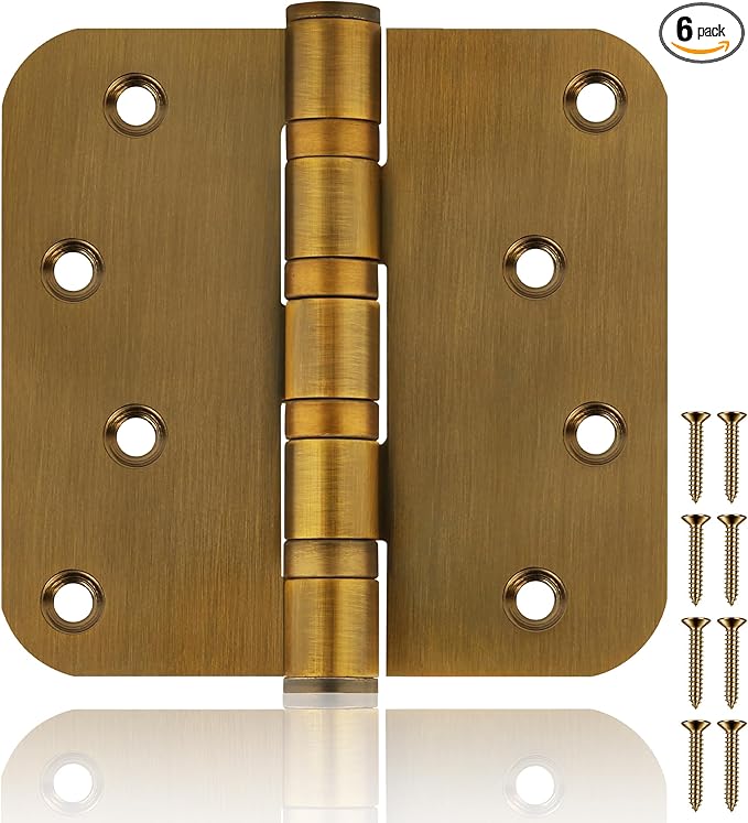 6 Pack 4" Heavy Duty Door Hinges with 5/8'' Radius Corner, 4in x 4in Stainless Steel Door Hinges for Exterior & Interior Doors, Smooth and Quiet (Brass)
