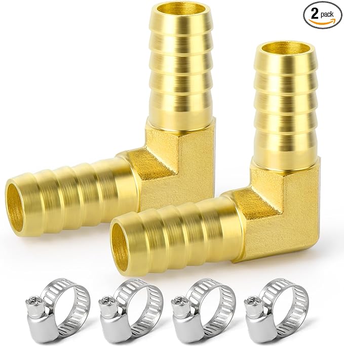 GASHER 2 Pieces Brass Hose Barb Reducer, 1/2 Inch to 1/2 Inch Hose ID 90 Degree L Right Angle Elbow with 4 Hose Clamps, Brass Barb Reducer SPLICER Fitting Fuel/AIR/Water/Oil/Gas/WOG