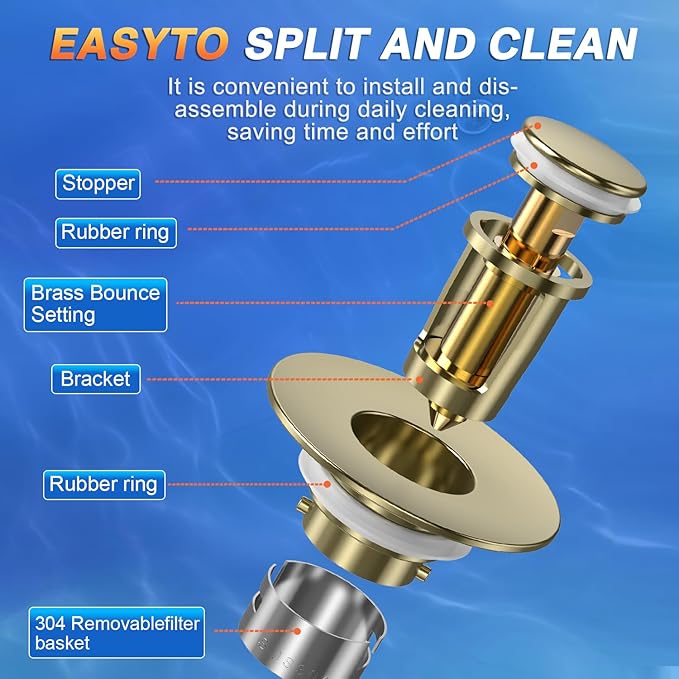 Sink Stopper Hair Catcher, Pop-up Sink Drain Strainer with Removable Stainless Steel Strainer Basket Hair Catcher, Bathroom Sink Strainer for Bathroom Sink Stopper Replacement(Brushed Gold-1PCS)