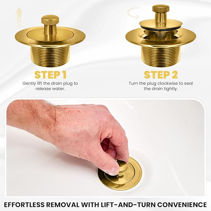 Brushed Gold Bathtub Drain - Lift and Turn - Gold/Brass Tub Drain, Overflow Drain Cover, and Tub Drain Replacement Kit - Solid Brass - Professional Grade - Fits 1-3/8" and 1-1/2"