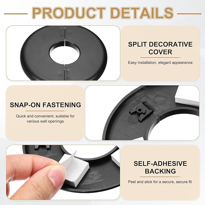PATIKIL Wall Split Flange 85mm / 3.3" OD, 4 Pcs Round Escutcheon Plate Cover PPR Plumbing Cover Plates with Self-Adhesive Tape for 26.5mm / 1" Dia Water Pipe Faucet, Black