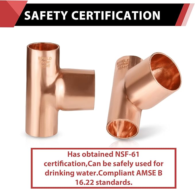 5-Pack EFIELD 3/4" X 3/4" X 1" C X C X C Copper Reducing Tee, LF Copper Plumbing Fittings with Sweat Solder Connection,(COPPER109)